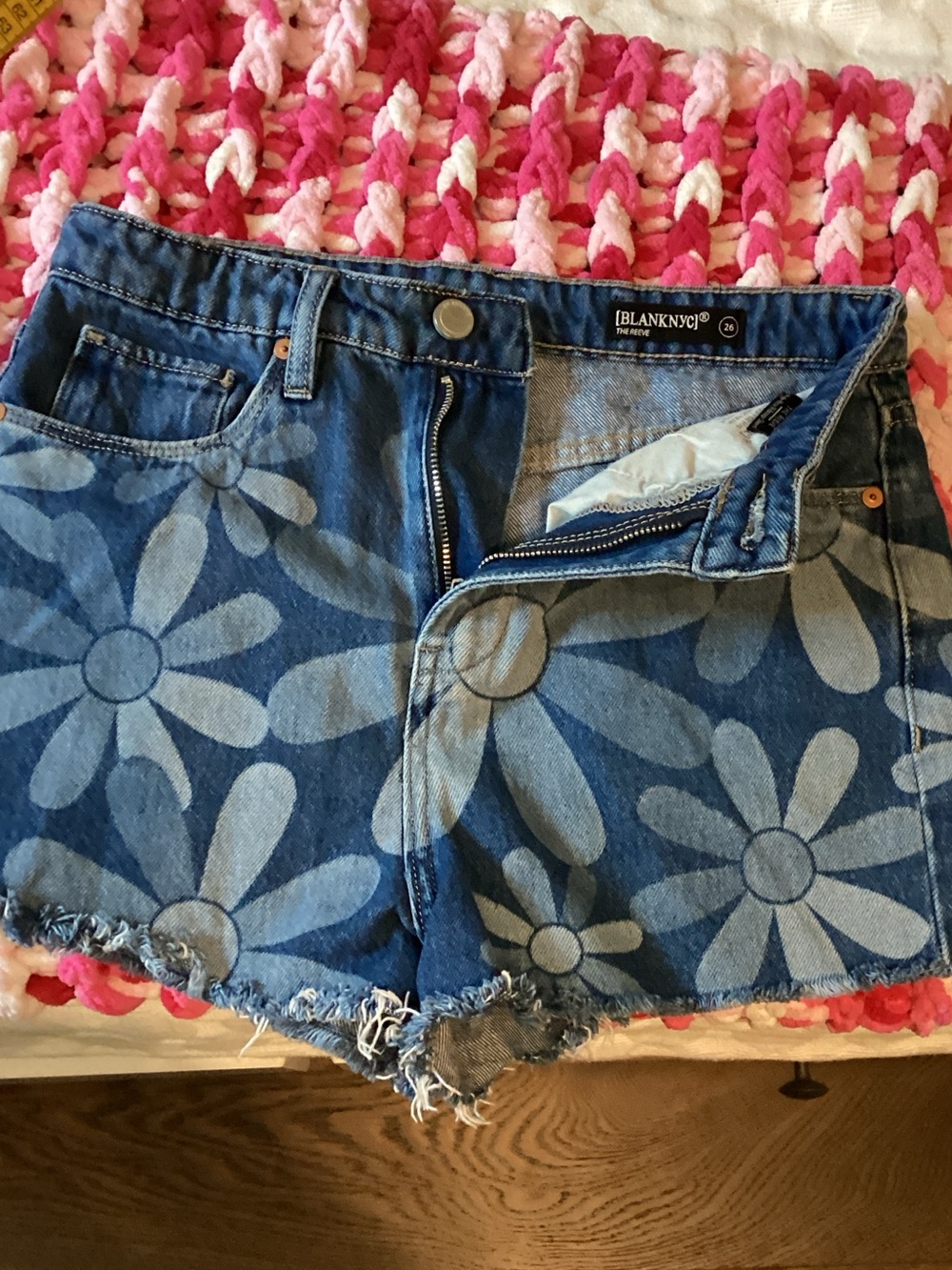Blank NYC Blue Daisy Print Denim Cutoff Shorts